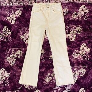 Zara raw hem ankle cropped straight leg white jeans, high waisted